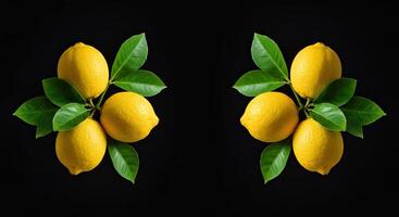 Symmetrical arrangement of fresh lemons with green leaves on a black background photo