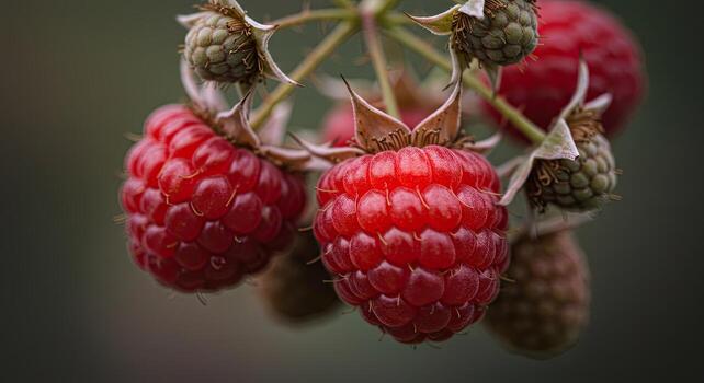 Close-up view of ripe red raspberries growing on a branch against a blurry background. photo