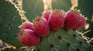 Close-up view of vibrant red prickly pear fruits growing on a green cactus plant photo