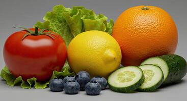 Fresh and vibrant arrangement of colorful fruits and vegetables on a neutral background photo