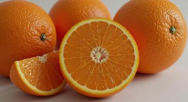 Freshly sliced and whole ripe oranges arranged for a vibrant and appetizing display photo