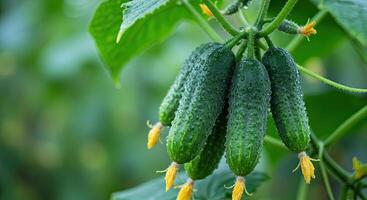 Freshly grown cucumbers hanging on a vine with yellow flowers and green foliage photo