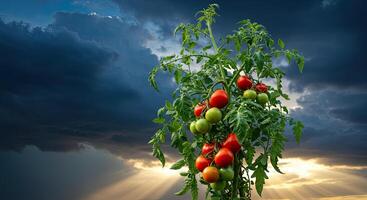 Lush tomato plant bearing ripe and unripe fruit against a dramatic cloudy sky photo