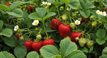 Lush Strawberry Patch with Ripe Red Berries and Green Foliage Growing Outdoors photo