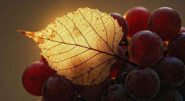 Macro shot of a backlit leaf resting against a bunch of ripe red grapes photo