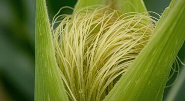 Macro shot of a fresh corn silk emerging from the husk of a developing ear photo