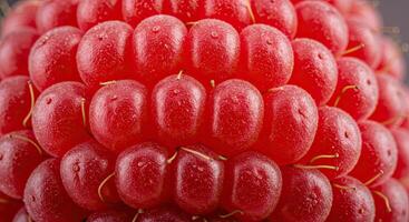 Macro close-up of a vibrant red raspberry fruit showing detailed textures and shapes photo