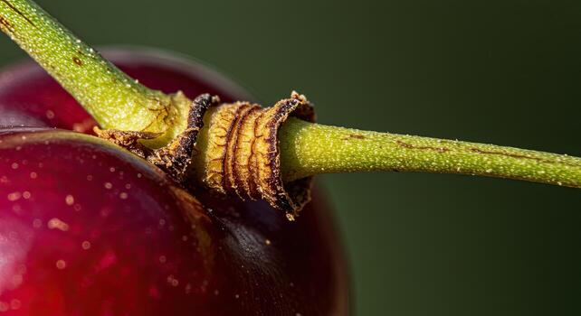 Macro shot of a ripe cherry with stem, showing intricate details and textures photo