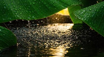 Raindrops falling from a vibrant green leaf into a reflecting pool of water photo