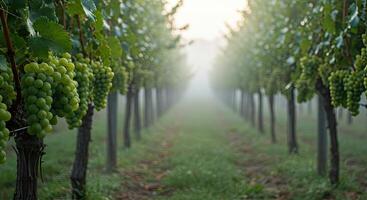 Rows of grape vines in a vineyard with green grapes and a misty morning view photo