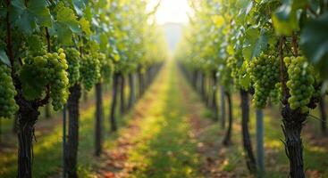 Rows of grape vines in a vineyard with sunlight shining through the leaves photo