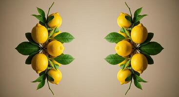 Symmetrical composition of vibrant yellow lemons with green leaves against a neutral background photo