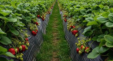 Rows of vibrant strawberry plants growing in a field under a bright sunny sky photo