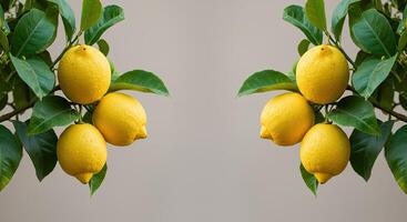Symmetrical composition of vibrant yellow lemons hanging from a green leafy branch photo