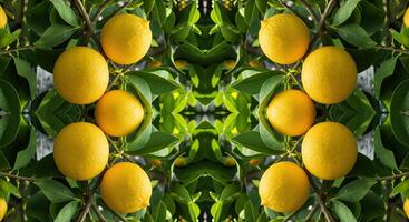 Symmetrical arrangement of ripe yellow lemons on a leafy green citrus tree branch photo