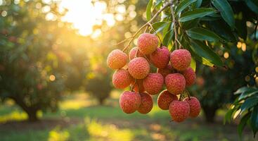 Close-up of ripe lychee fruits hanging on a tree branch in a sunny orchard photo