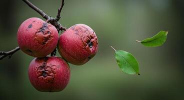 Close-up of rotten red apples hanging from a tree branch with falling leaves photo