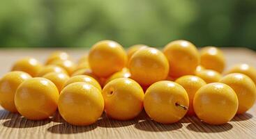 Close-up of ripe yellow plums arranged on a wooden surface with blurred background photo