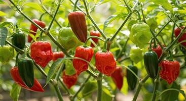 Close-up of various colorful chili peppers growing on the plant in the garden photo
