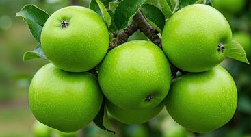 Close-up of vibrant green Granny Smith apples growing on a tree branch in a garden photo