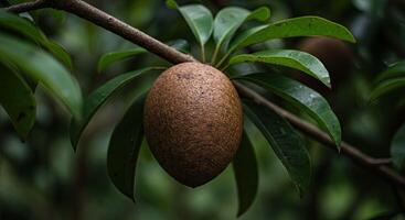Close-up shot of a sapodilla fruit hanging from a tree branch with green leaves photo