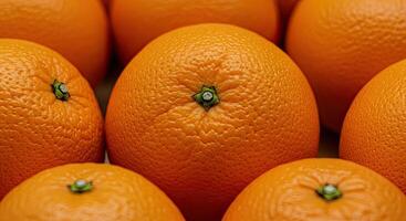 Close-up shot of a collection of fresh oranges, showcasing their vibrant textures photo