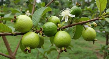 Close-up shot of a guava tree branch laden with ripe green fruits and white flower photo