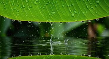Close-up photograph of water droplets falling from a lush green leaf into water photo