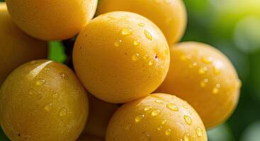 Close-up shot of ripe yellow plums with water droplets against a blurred background photo