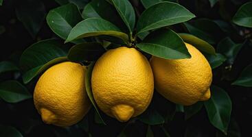 Close-up shot of three ripe lemons hanging from a tree branch with green leaves photo