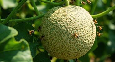 Close-up view of a cantaloupe melon with bees buzzing around in a garden setting photo