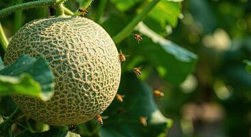Close-up view of a ripe cantaloupe melon with bees buzzing around in a garden photo