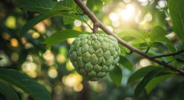 Close-up view of a vibrant green custard apple fruit hanging on a tree branch photo