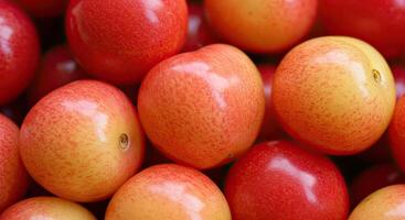 Close-up view of ripe, colorful cherries showing vibrant red and yellow hues in a pile photo