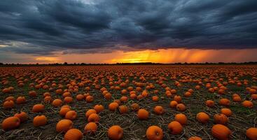 Dramatic sunset over a vast pumpkin field with a stormy sky during autumn season photo