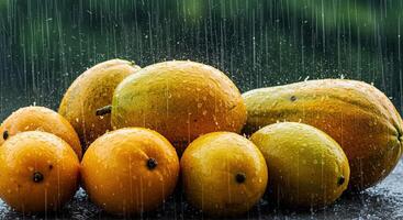 Fresh, ripe citrus fruits glistening with water droplets under the refreshing summer rain photo