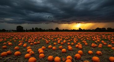 Vast pumpkin field under a dramatic stormy sky with vibrant sunset light photo
