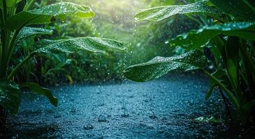 Lush green foliage and heavy rain creating a tranquil and refreshing natural scene photo
