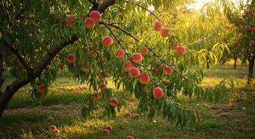 Lush peach tree laden with ripe fruit growing in a sunny orchard setting photo