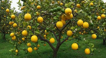 Lush lemon trees laden with ripe fruit growing in a sunny orchard environment. photo