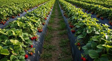 Rows of strawberry plants laden with ripe red fruit growing in a field on a sunny day photo