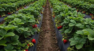 Rows of vibrant strawberry plants in a field, ready for harvest season with ripe berries. photo