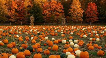 Vast pumpkin field with colorful autumn foliage creates a beautiful seasonal harvest scene. photo