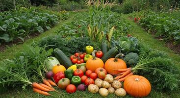 Freshly Harvested Vegetables from a Thriving Garden Displayed on Green Grass photo