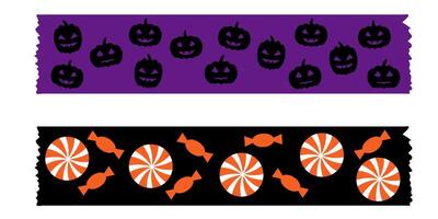 Decorative Halloween washi tape collection featuring cute pumpkins bats and spiders. masking tape in black purple and orange for wrapping paper scrapbook crafts and festive projects. vector