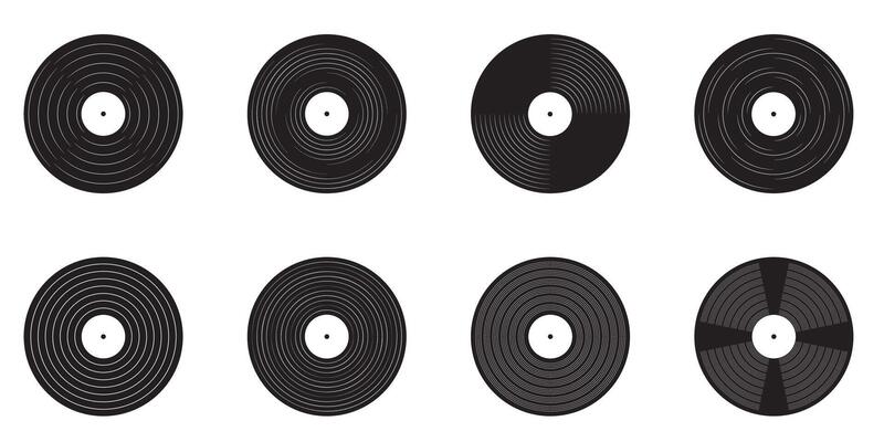 Long play vinyl discs and turntable icons DJ music equipment set Retro disco style 1970s to 1990s Nostalgic illustration isolated