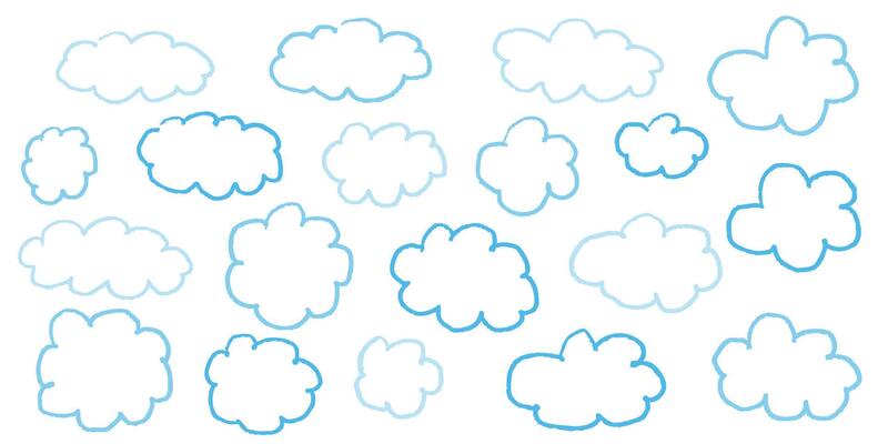 Hand drawn sky background with crayon texture clouds and pastel stars. Cute pencil style illustration in blue with brush paint elements. Child doodle sky shapes for cartoon or educational design.