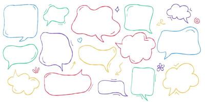 Handwritten speech bubble collection in crayon and chalk style. Cute pastel talk clouds for kids with pencil drawn dialog frames. Childlike text boxes and doodle balloons in Japanese kawaii theme. vector