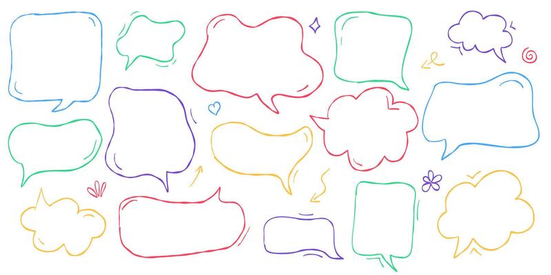 Handwritten speech bubble collection in crayon and chalk style. Cute pastel talk clouds for kids with pencil drawn dialog frames. Childlike text boxes and doodle balloons in Japanese kawaii theme.