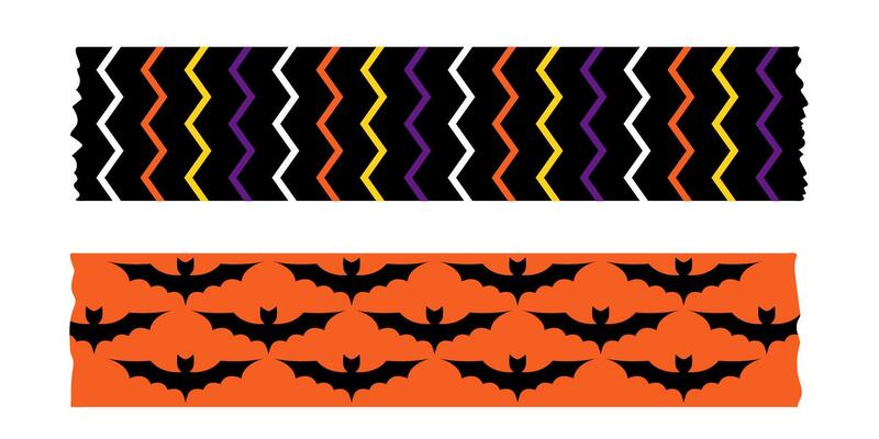 Halloween masking tape set in festive purple orange and black colors. Cute washi tape borders with spiders bats and pumpkins. elements for wrapping crafts scrapbooking and decorations.
